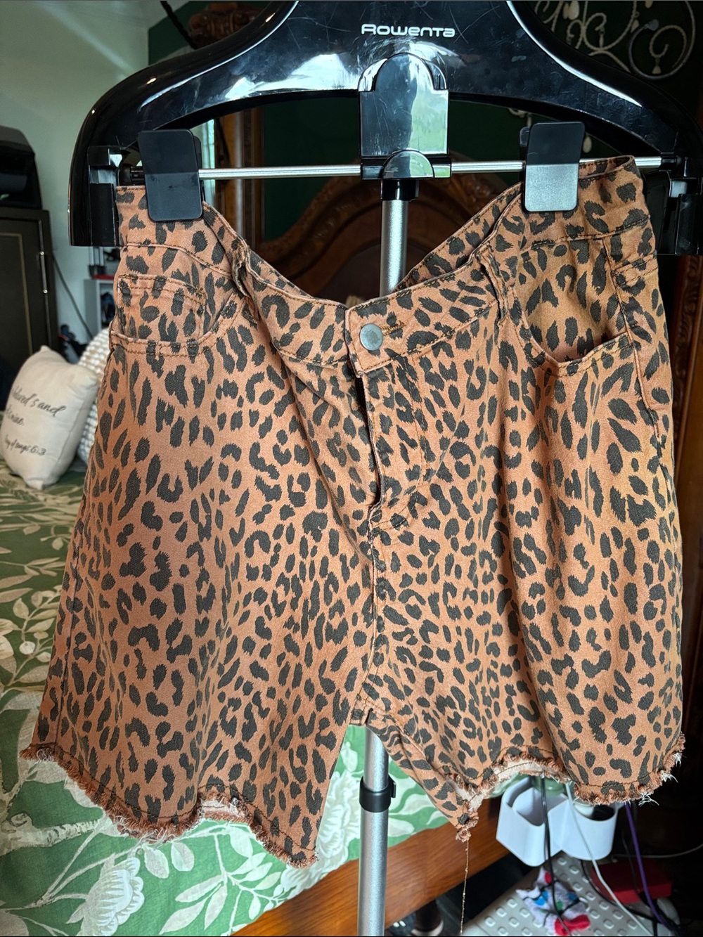 Women’s Leopard Print Denim Shorts - Brown/Black